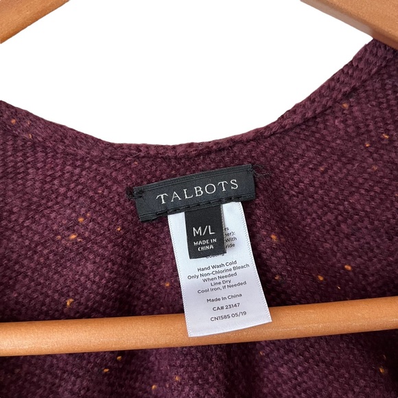 Talbots Womens Fringed Shawl Poncho Cape Burgundy Tweed Sweater Knit M/L M L - Picture 5 of 6